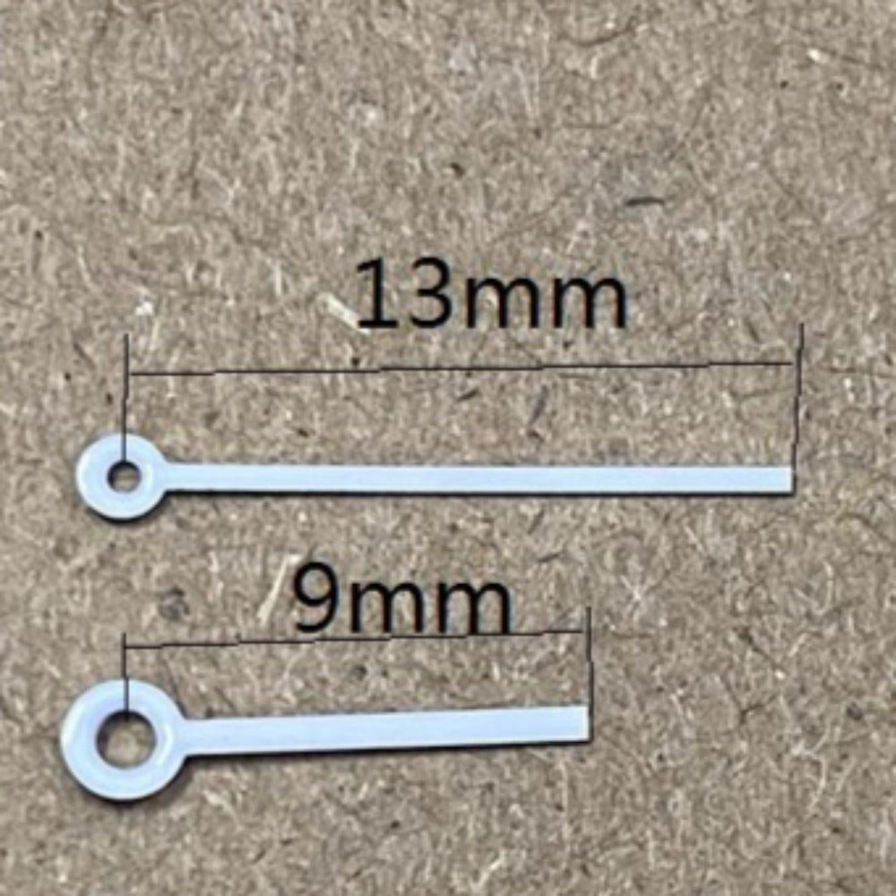 White painted 9x13mm watch hands compatible with Ronda 763, 762, 751, 1062, 1063 movements.