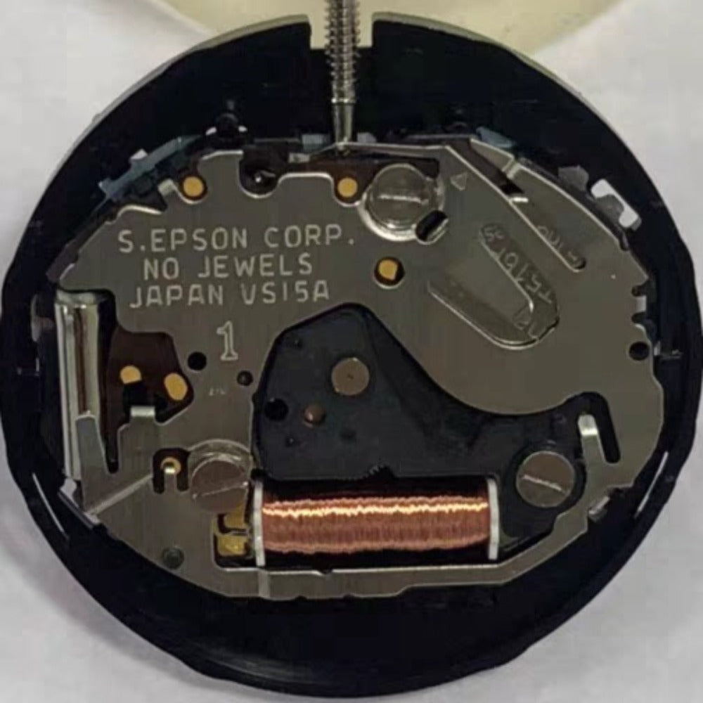 Japan Made Epson VS15 solar watch movement with 2 hands, no calendar, model V110A, precise timekeeping.