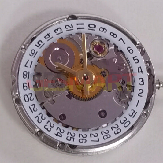Silver mechanical watch movement with date at 3, China-made ETA2671 replacement for watch repair.