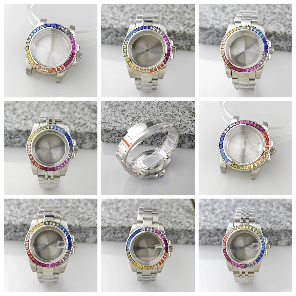40.5mm Watch Case Strap Set SUB Diamond Studded Rainbow Bezel  for NH35 Movement