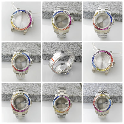 40.5mm Watch Case Strap Set SUB Diamond Studded Rainbow Bezel  for NH35 Movement