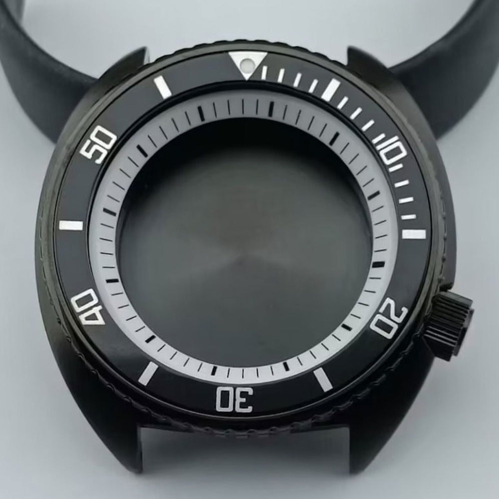 42.5mm black watch case with bezel and white ring, compatible with NH35 NH36 NH38 NH70 NH72 movements.