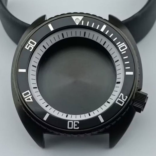 42.5mm black watch case with bezel and white ring, compatible with NH35 NH36 NH38 NH70 NH72 movements.