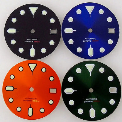 Sunburst orange 29mm dial with luminous markers for SKX mod, compatible with NH35 NH36 movement, crown at 3.8,.