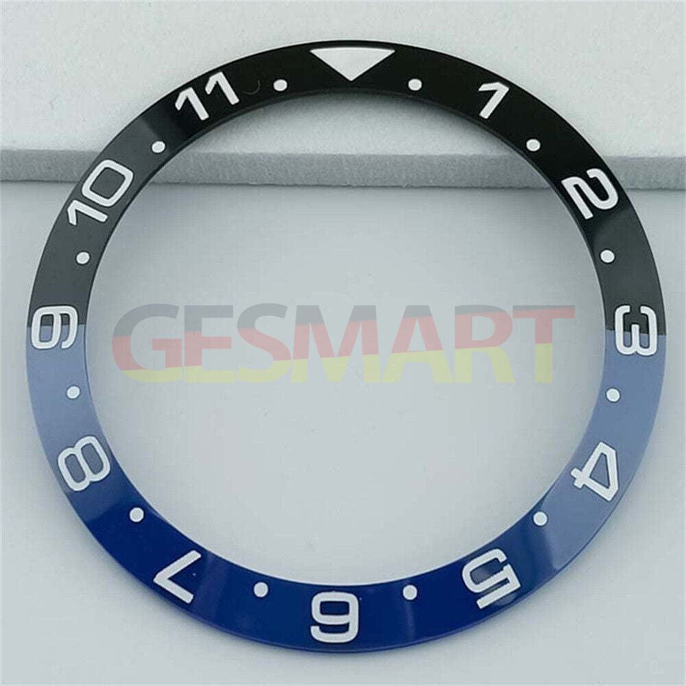 38mm black and blue ceramic GMT bezel with white and gold font for SUB watches, perfect for stylish timepiece upgrades.