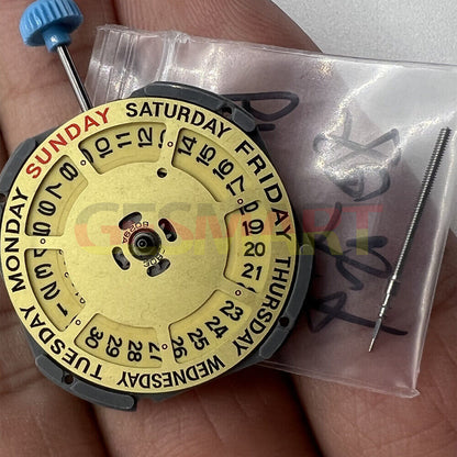 Miyota 6M50 Japan quartz movement watch accessory with golden dial, date at 3, 3 hands design.