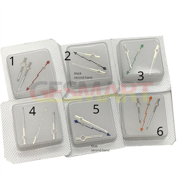 Green lume 3 hands set with lightning second hand for Miyota NH35/NH36 watches, enhancing visibility and style.