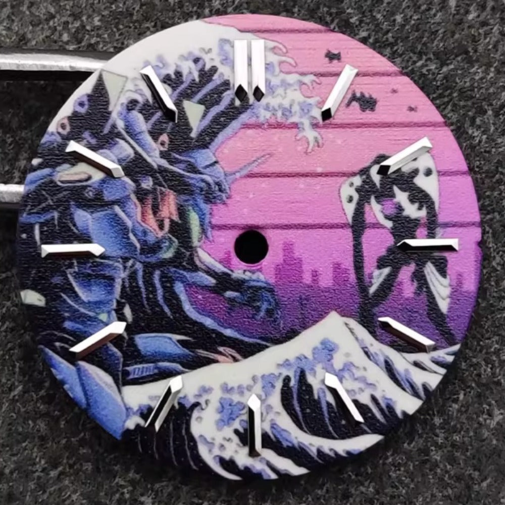 28.5mm Pink Japanese Landscape Painting Wave Lume Watch Dial Fit for NH35 Long Nail