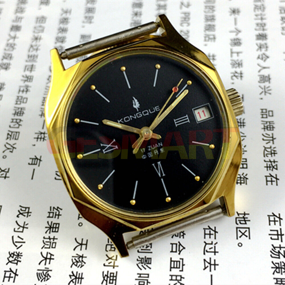 Dandong Liaoning Kongque manual mechanical watch with 17 jewels, black dial, and classic elegant design.