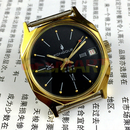 Dandong Liaoning Kongque manual mechanical watch with 17 jewels, black dial, and classic elegant design.