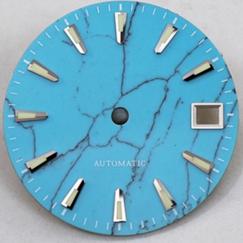 Blue 28.5mm Malachite watch dial with natural vein pattern, green lume, compatible with NH35 movement.