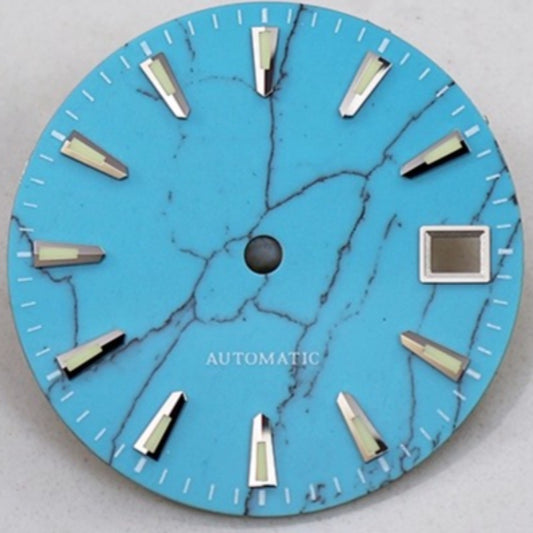 Blue 28.5mm Malachite watch dial with natural vein pattern, green lume, compatible with NH35 movement.