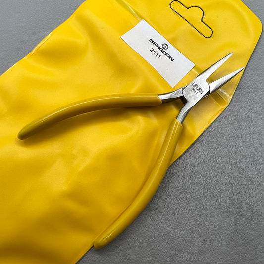 Swiss Bergeon 2511 half round nose pliers with smooth jaws for precise watch accessory repairs.