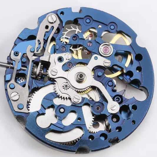 In Japan hergestelltes automatisches mechanisches Miyota-Uhrwerk in Blau und Silber mit Hohlschliff 8N24