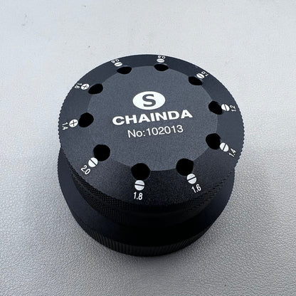 Black rotating stand with 10 slots for 0.6-2.0mm watch screwdrivers, organized storage solution.