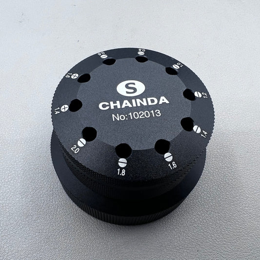 Black rotating stand with 10 slots for 0.6-2.0mm watch screwdrivers, organized storage solution.