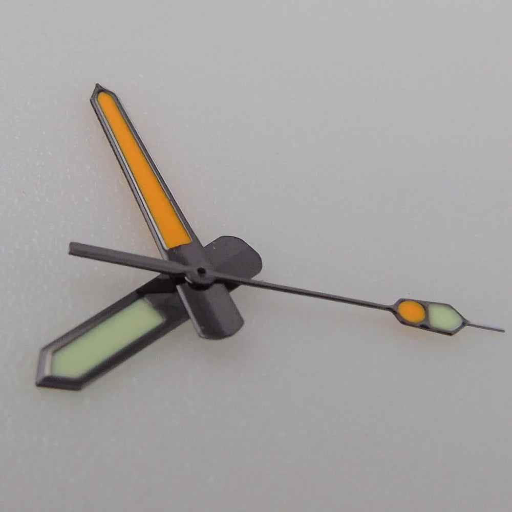 12.5mm C3 orange and green lume watch hands with black trim, compatible with NH35 NH36 NH70 NH72 movements.