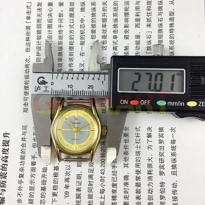 TAISHAN mechanical lady watch with 19 jewels, yellow-grey dial, and golden round case for classic elegance.