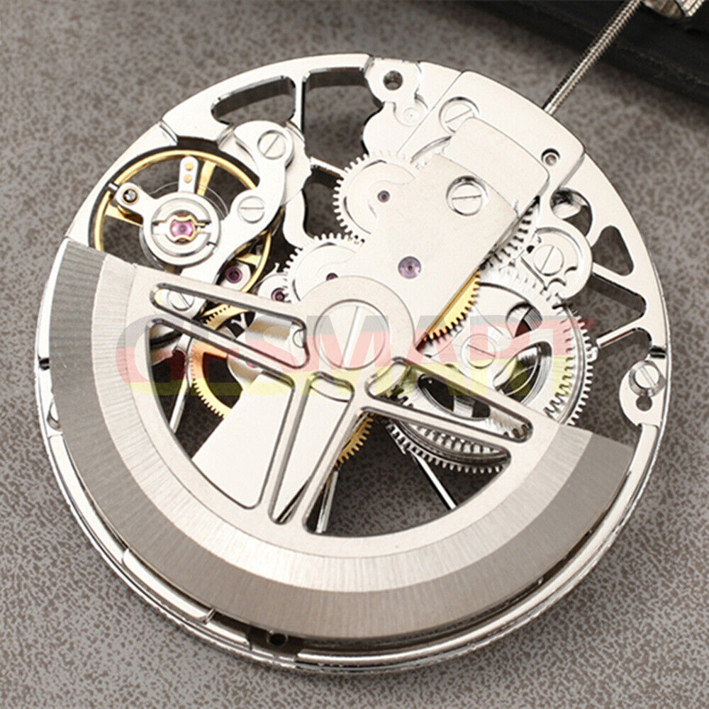 Dandong 8306 automatic watch with hollow silver dial, mechanical movement, 2 hands, elegant design.