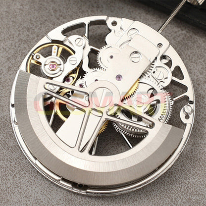 Dandong 8306 automatic watch with hollow silver dial, mechanical movement, 2 hands, elegant design.