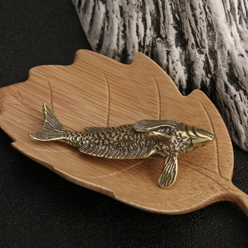 Solid copper Arowana trinket, vintage bronze figurine featuring detailed hand-carved scales and fins.