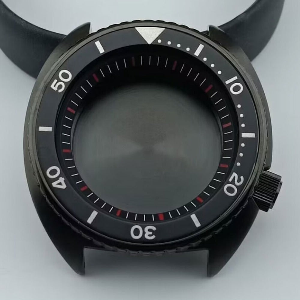 42.5mm black watch case with bezel and ring, compatible with NH35 NH36 NH38 NH70 NH72 movements.