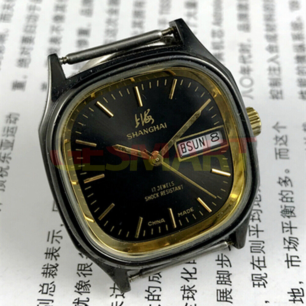 Shanghai Factory 33mm manual mechanical watch with double calendar, black dial, classic design.