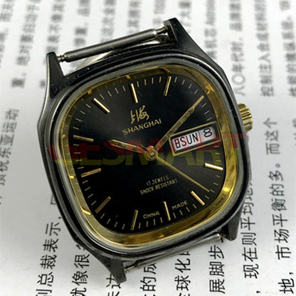 Shanghai Factory 33mm manual mechanical watch with double calendar, black dial, classic design.
