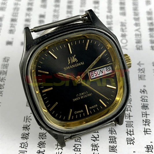 Shanghai Factory 33mm manual mechanical watch with double calendar, black dial, classic design.