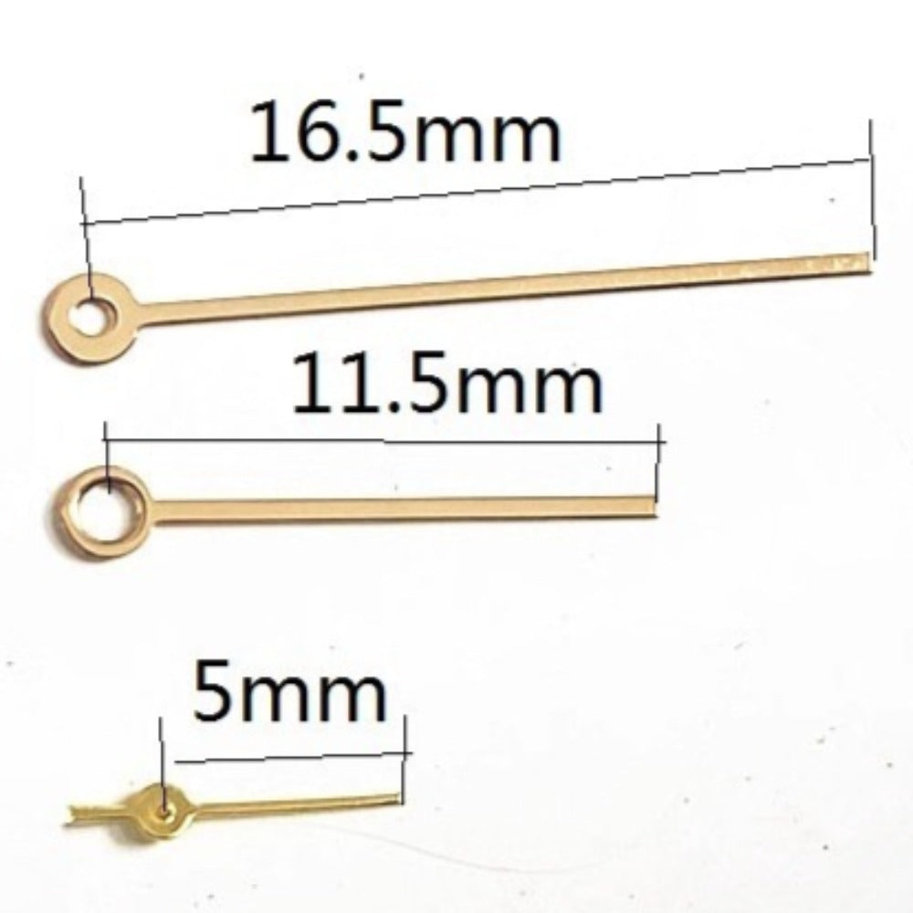 Golden painted 16.5mm watch hands set for Miyota GP10 movement, includes small second hand.