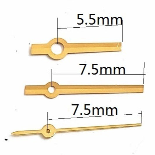 Golden watch hands for Ronda 785 movement, 7.5x7.5x5.5mm, durable and precise accessory.