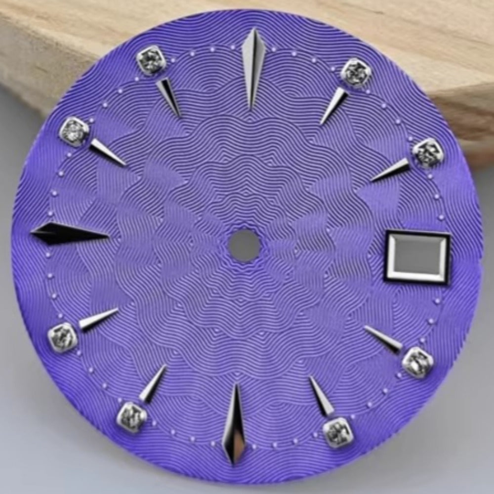 29mm purple radial vein watch dial, compatible with NH35 movement, single calendar design for ladies.