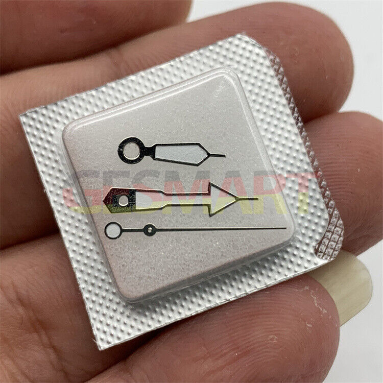 Green luminous arrow-shaped watch hands set featuring hour, minute, and second hands for Miyota NH35/NH36 movements.