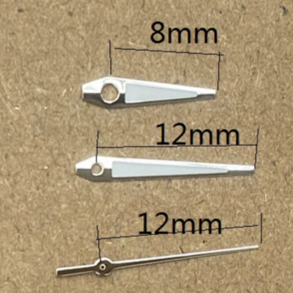 Silver-trimmed green lume arrow watch hands for Ronda 515 quartz movement.
