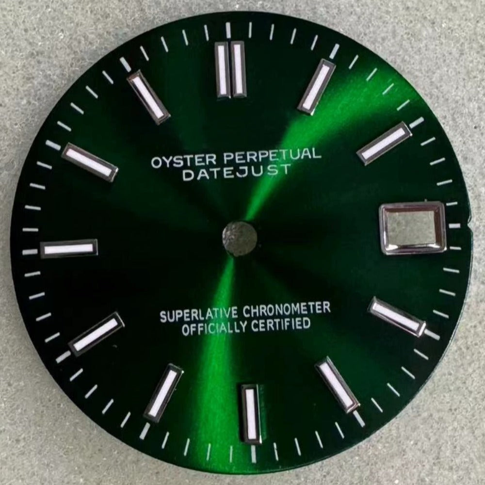 Silver trim Green lume Datejust dial for NH35 movement, ideal for stylish watch customization.