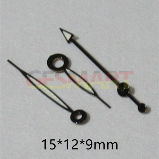 15mm green luminous watch hands with black trim, compatible with Miyota 2035, 2115, 2105, 2305 movements.