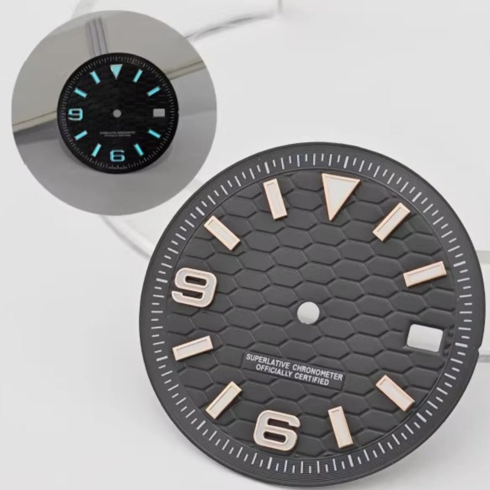 31mm black diving watch dial with rose gold nails, fits NH35 NH36 movements, no logo, for custom watch builds.