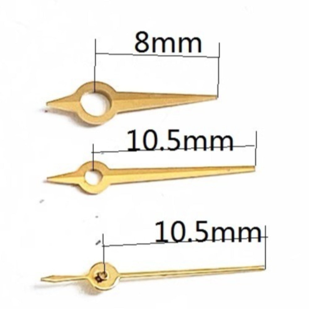 Golden watch hands for Ronda 785 movement, 10.5x10.5x8mm, precise fit for watch repair.