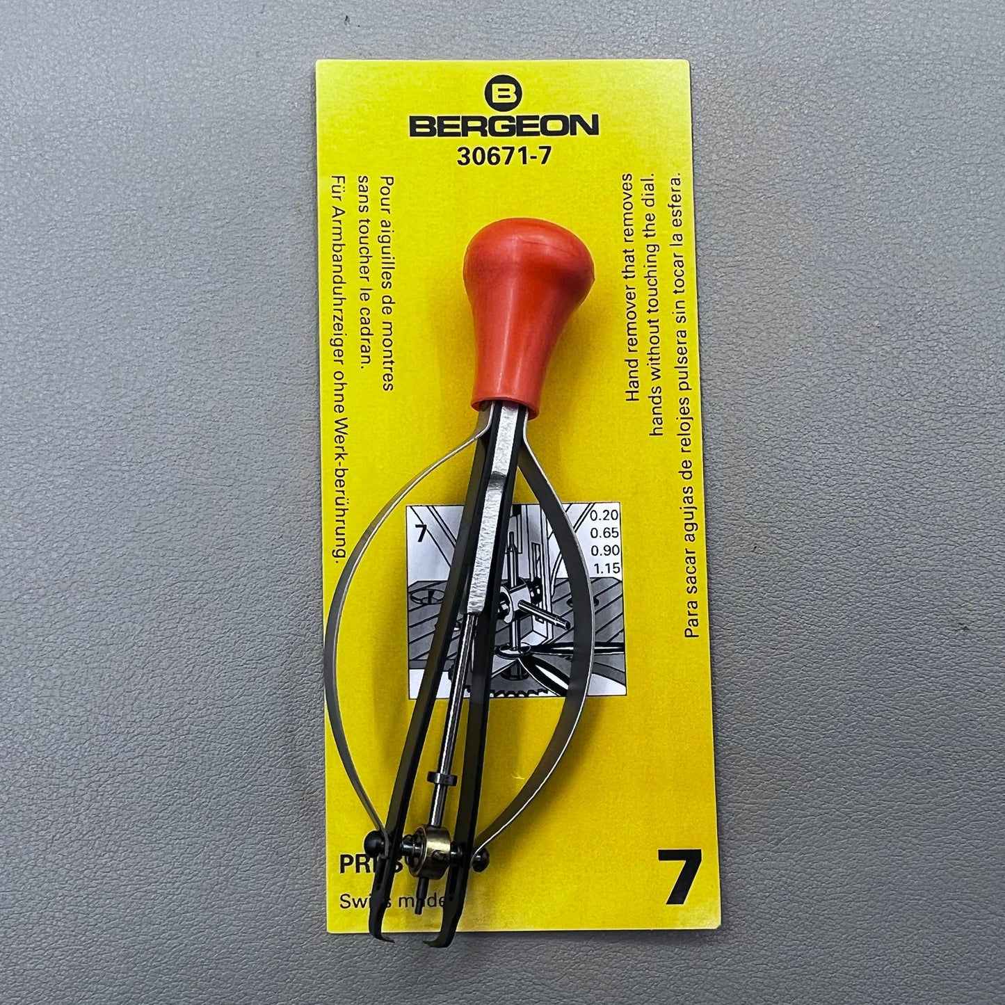Swiss Bergeon Presto tool removing watch hands on curved dials, model 30671-7 for precise accessory use
