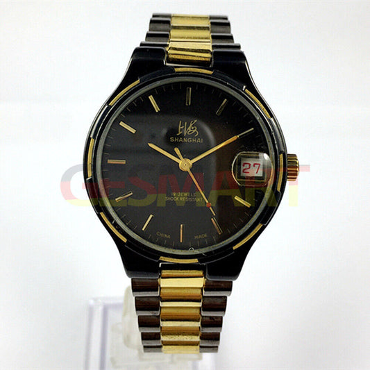37mm Shanghai Factory black manual mechanical watch with 19 jewels, shock-resistant design for durability.