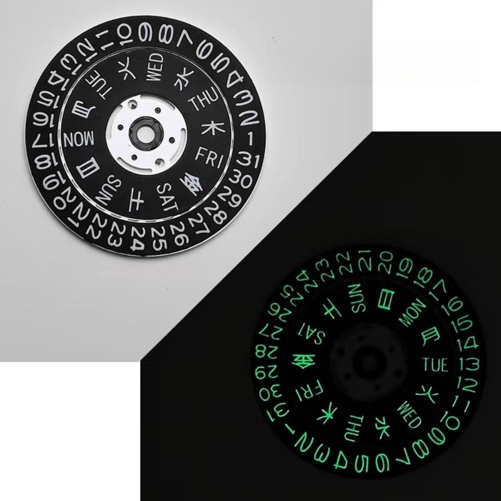 Black+White font Japanese green lume date disk and week wheel compatible with NH35 NH36 movements