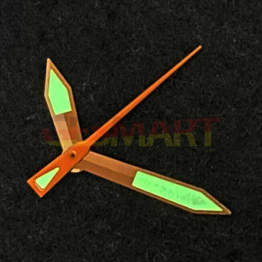 Green luminous rose gold watch hands with trim, compatible with NH35/NH36/4R36 movements.