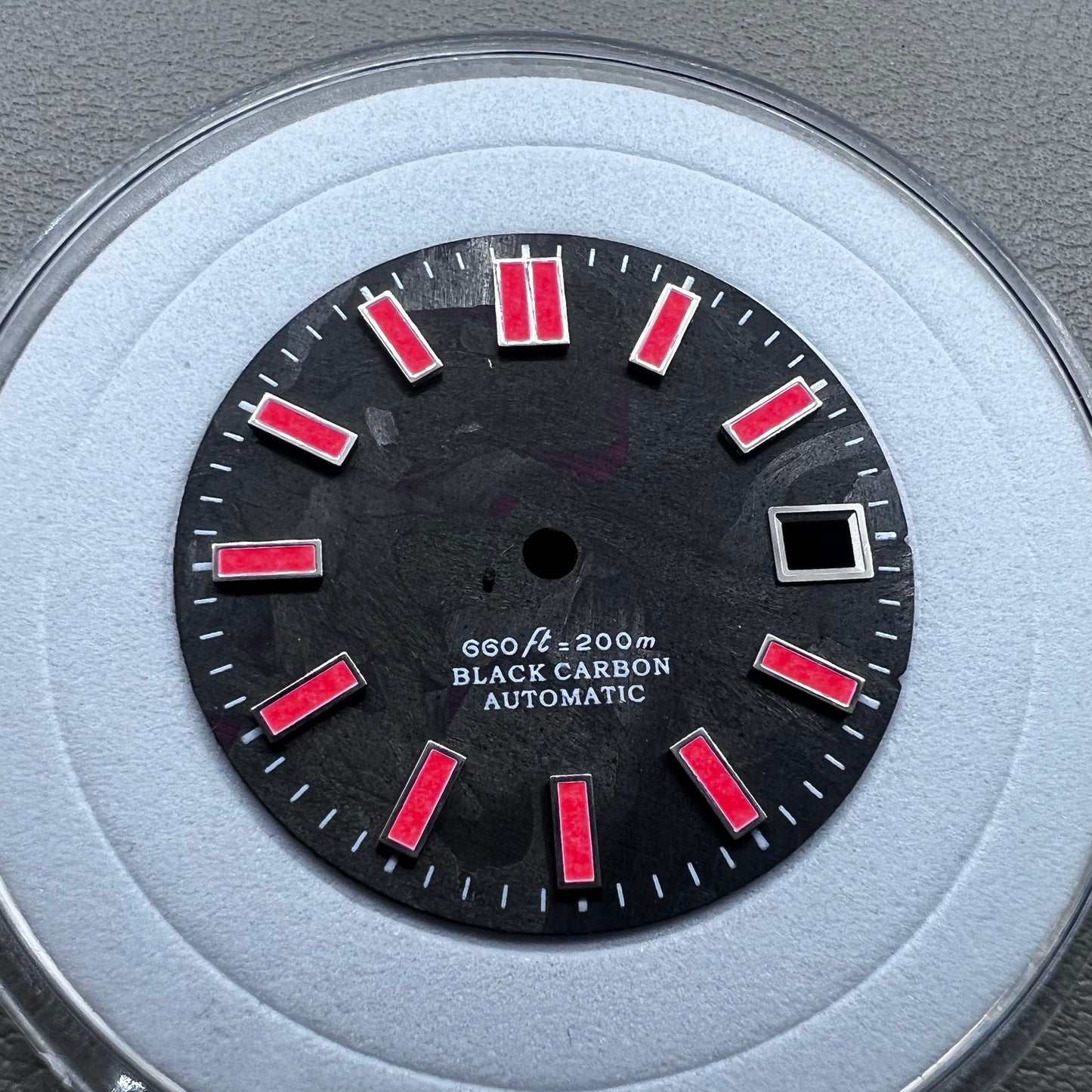 Red painted C9 Lume 28.5mm watch dial with black carbon fiber, compatible with NH34 NH35 movements.