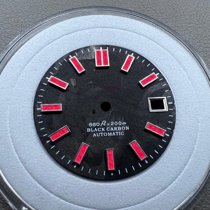 Red painted C9 Lume 28.5mm watch dial with black carbon fiber, compatible with NH34 NH35 movements.