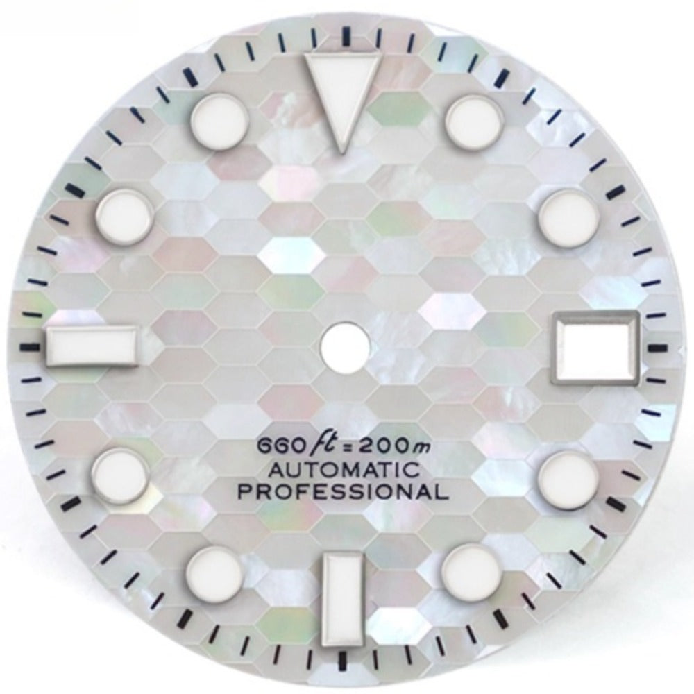 Silver 28.5mm natural seashell blue luminous dial for NH35 watch movement, no logo, premium quality.