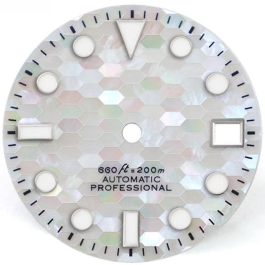 Silver 28.5mm natural seashell blue luminous dial for NH35 watch movement, no logo, premium quality.