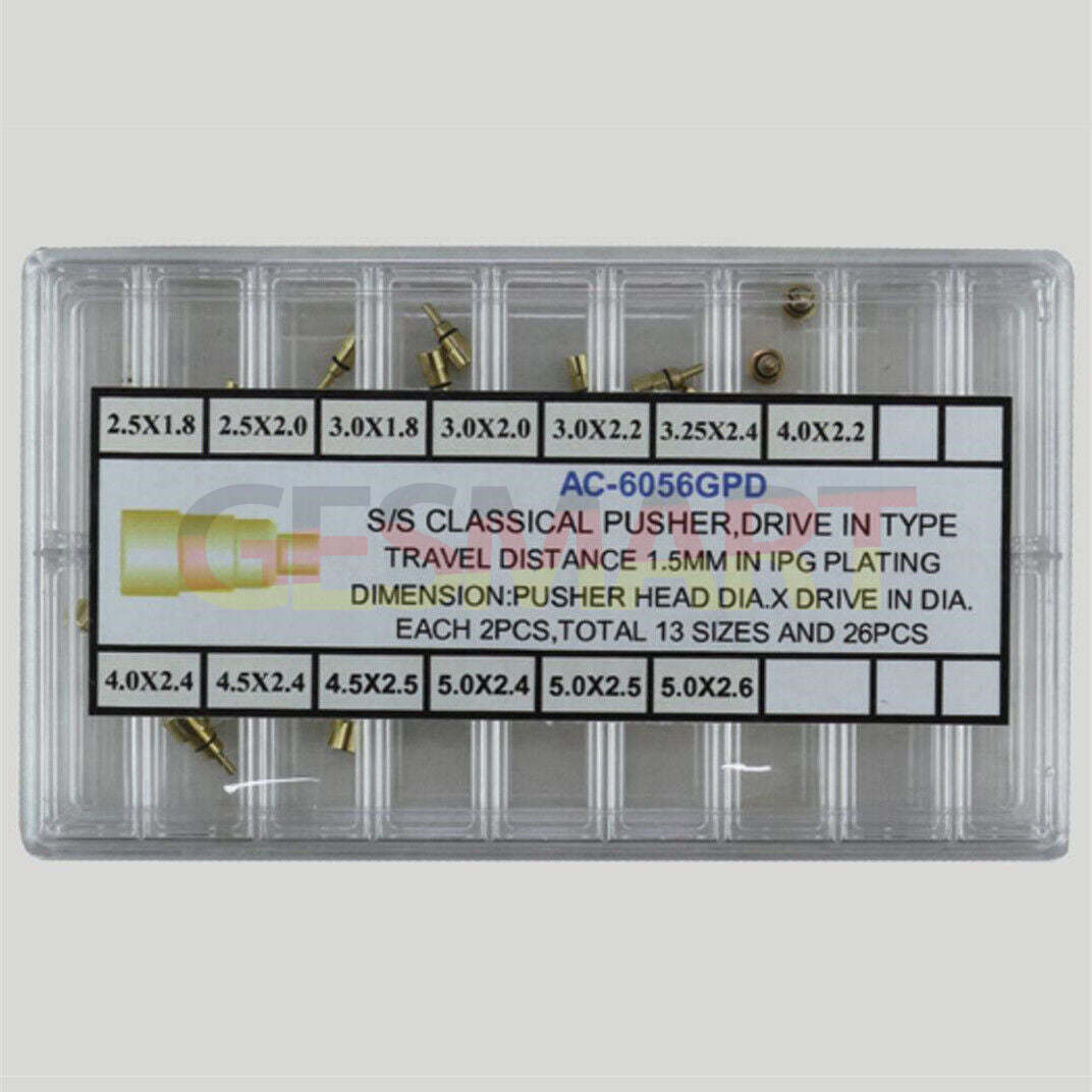 Set of 26 stainless steel golden watch pushers, 13 sizes for precise repairs and replacements.