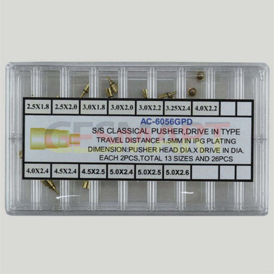 Set of 26 stainless steel golden watch pushers, 13 sizes for precise repairs and replacements.