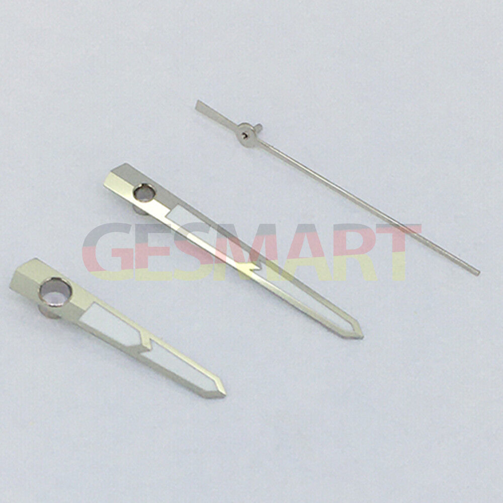 Green luminous watch hands with silver trim for Asian 8215/2813 and Miyota 8N24 movements, ensuring precise timekeeping.