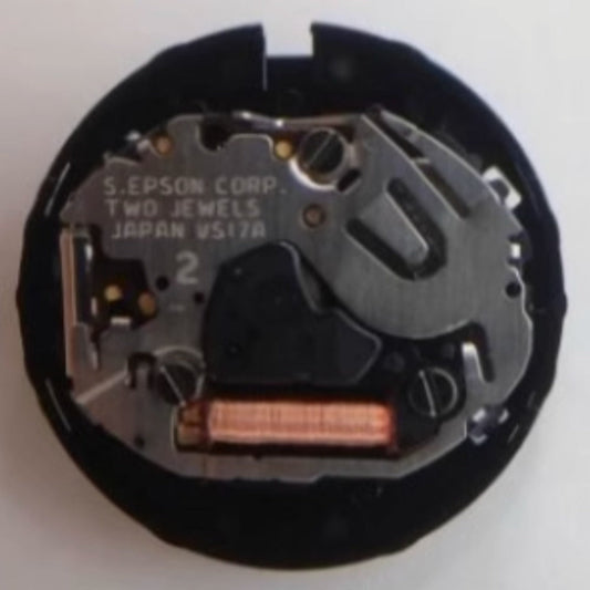 Japan Made Epson VS17 quartz watch movement with Eco-Drive solar technology and 3-hand display for precision timekeeping.